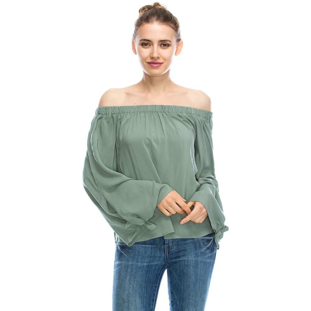 Off Shoulder Tie Cuff Bell Sleeve Blouse Sage Green